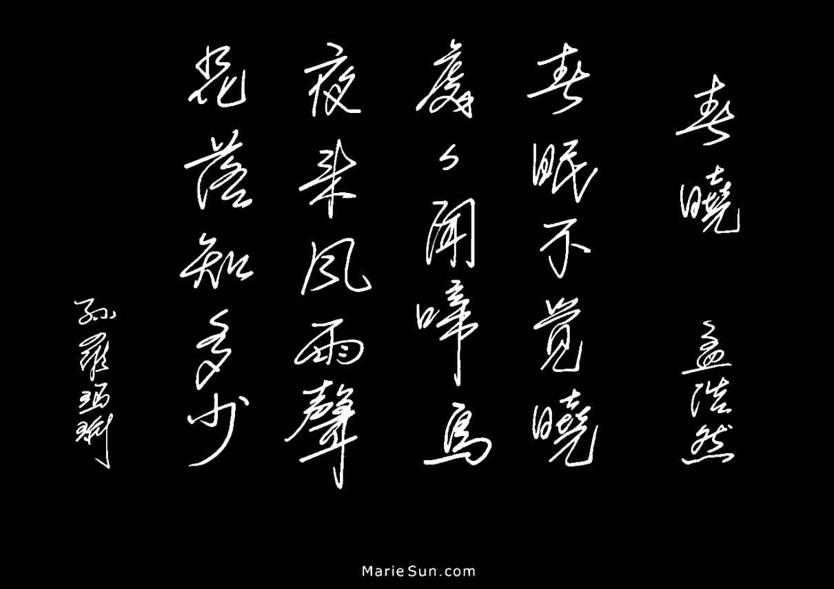 Tang Poems, Tang Poetry -   
			  春晓 - 孟浩然 - 春眠不觉晓，处处闻啼鸟; 夜来风雨声，花落知多少。 英译，Tang Poem calligraphy, zhuanshu calligraphy, shudo, shufa,
	  Tang poem calligraphy, 唐诗书法, Kanji 書道, Hanja 書藝, Chữ Hán 書法, Tang Poems, 당나라시, Bài thơ Đường - MarieSun.com 
			中国唐诗篆字书法, 篆书书法  - Chinese Tang Poems and zhuanshu calligraphy